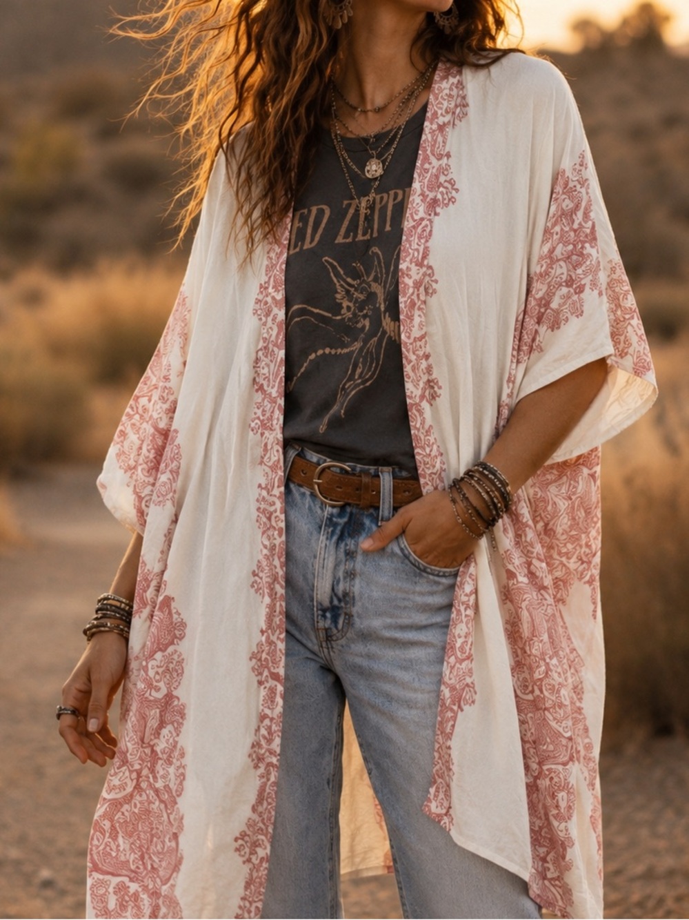 Altar’d State Cream Boho Mandela Kimono Viscose Coverup Cardigan Size S/M